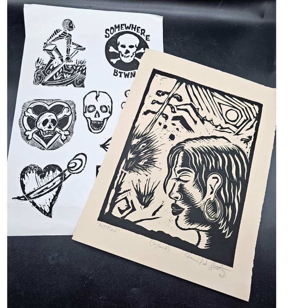 Pair Of Artist Signed Graphite Original Artwork Tattoos & Woman In Desert Modern